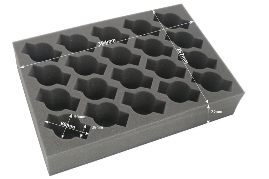 Full-size foam tray for 20 cavalry miniatures or minis on 40mm bases - Safe & Sound